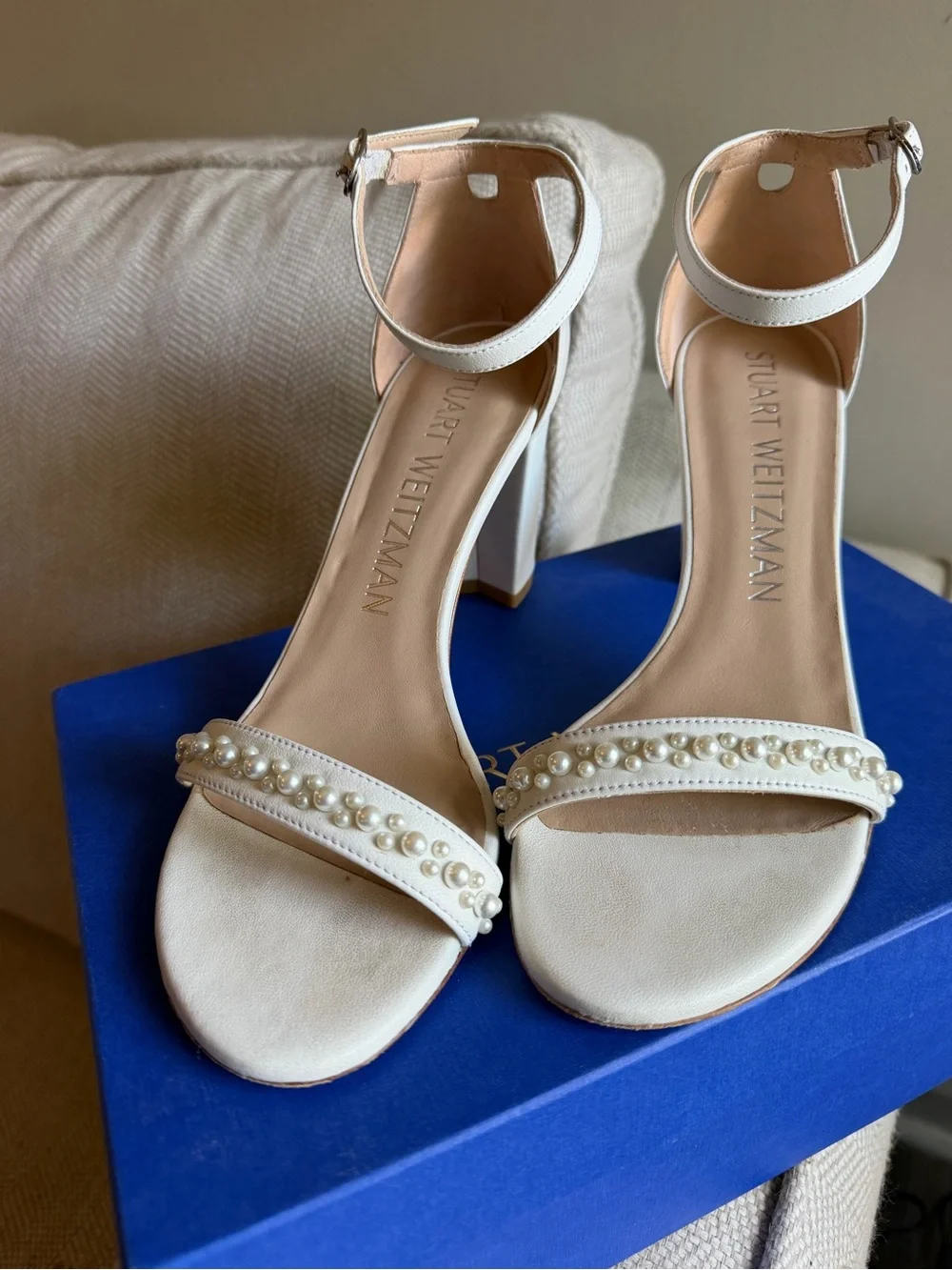 Stuart Weitzman White Pearl-Embellished Ankle Strap Heels